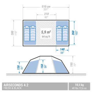 Tienda inflable Quechua Air Seconds 4.2 Fresh&Black para 4 personas con 2 dormitorios
