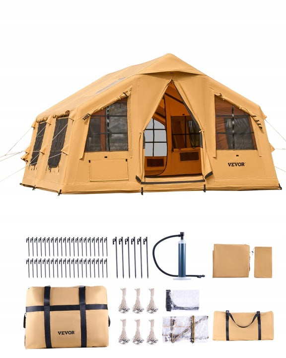 Tienda inflable Vevor amarilla para 8–12 personas con 2 ventanas de techo