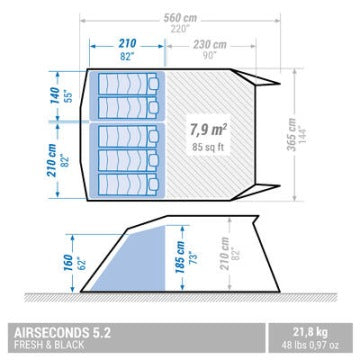 Tienda inflable Quechua Air Seconds 5.2 Fresh&Black para 5 personas con 2 dormitorios
